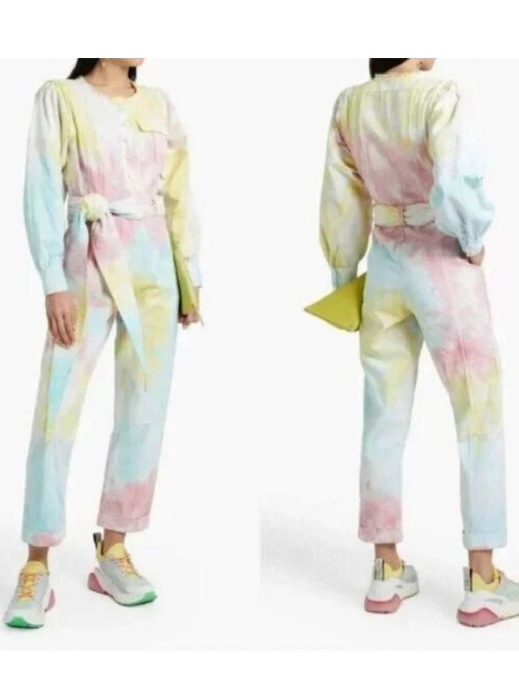 Nwt $445 Loveshackfancy Paca Tie-Dyed Belted Denim Jumpsuit Sz 4